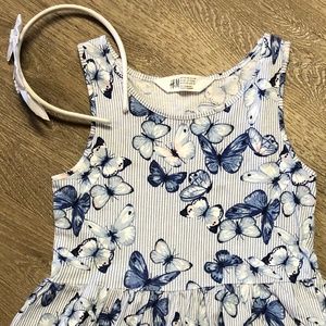 H&M blue butterfly dress size 6-8Y + headband